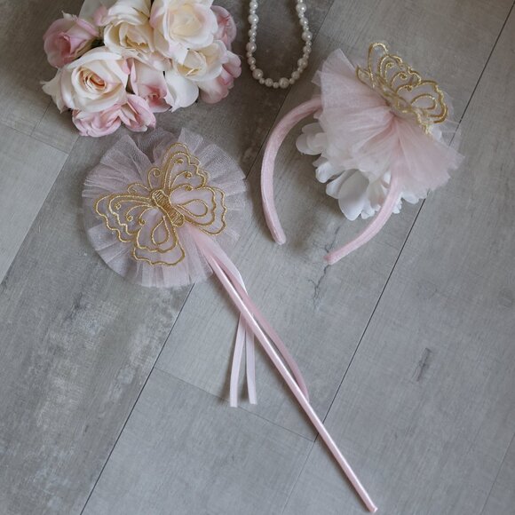 Pink Fairy Butterfly Dress Set w/ Wings Headband Wand Costume Portrait Party - Picture 9 of 9